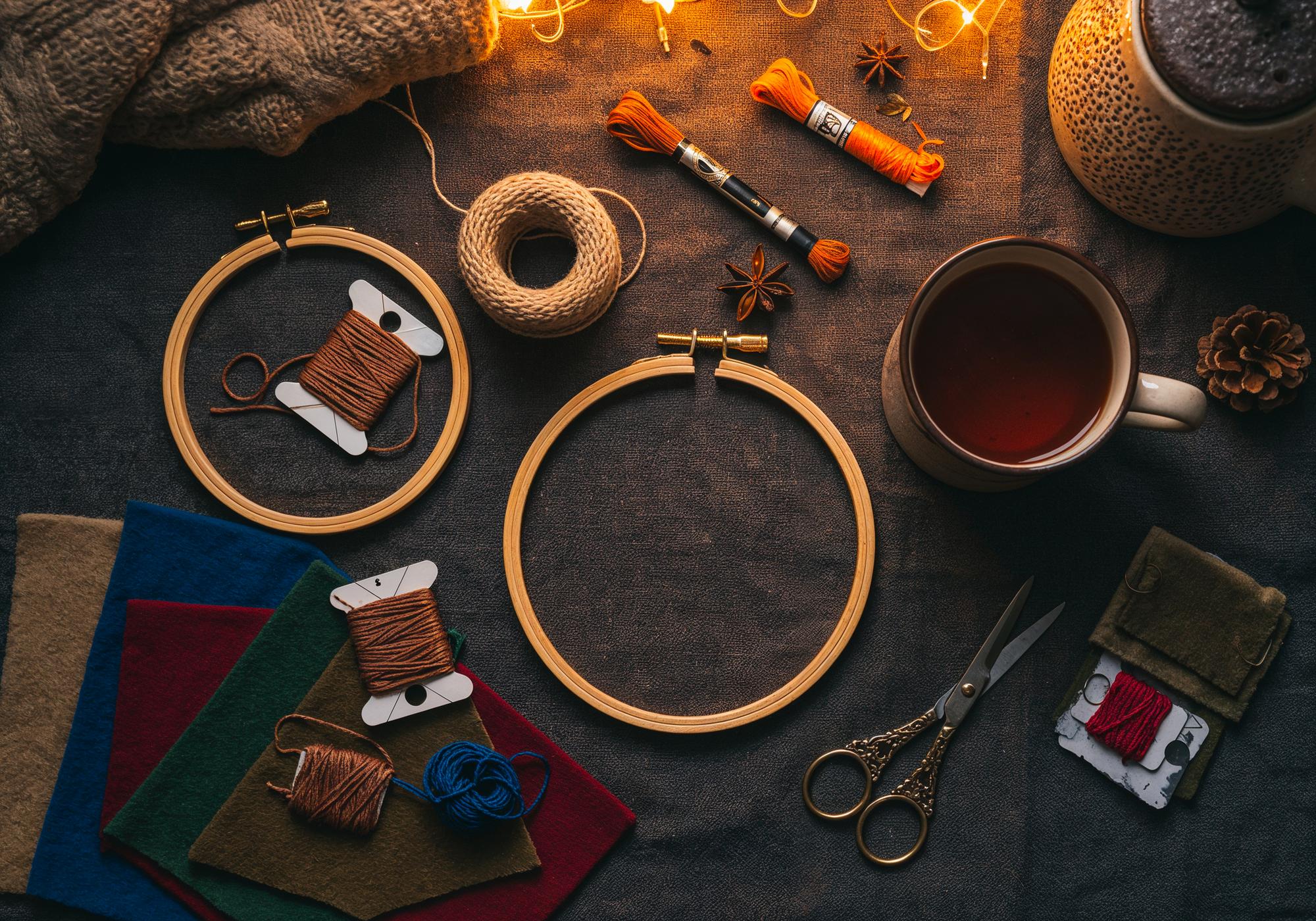 atelier workbench with threads and hoops arranged neatly